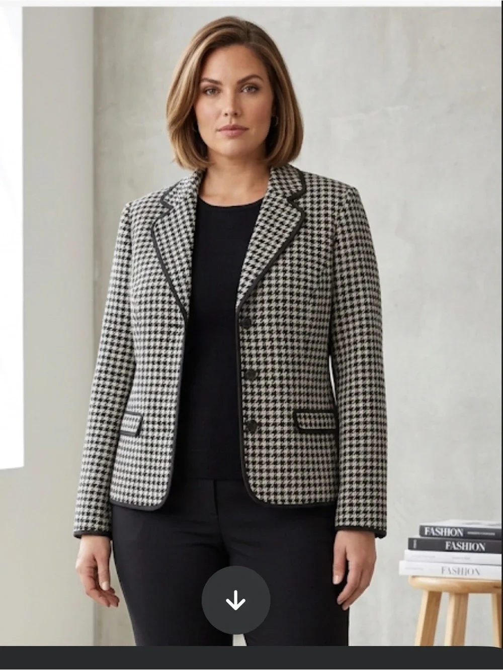 Monterey Bay Houndstooth Blazer Black Gray Piped Trim Tailored Sz 16 - Picture 1 of 9